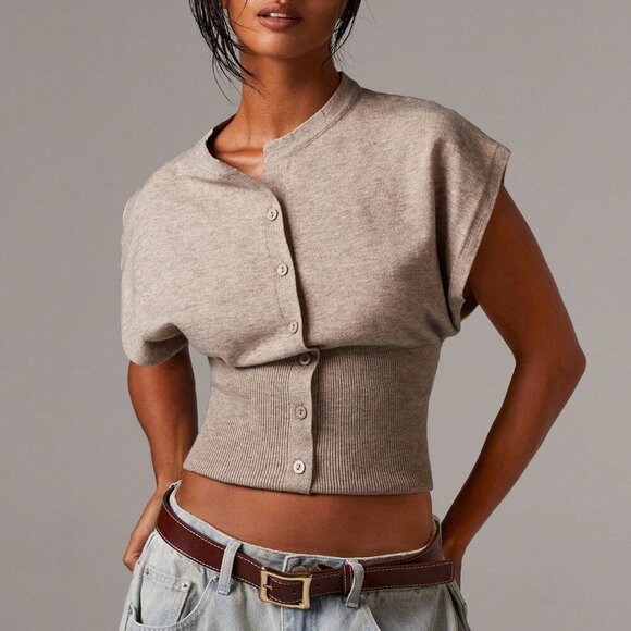 Sweaters - Casual Women's Minimalist Button-Front Batwing Sleeve Knit Sweater Vest